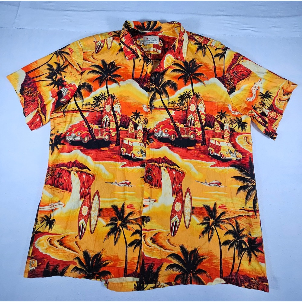 Royal Hawaiian Creations Mens 2XL Orange Scenic Woody Car Surfboard Shirt Hawaii - Picture 2 of 8